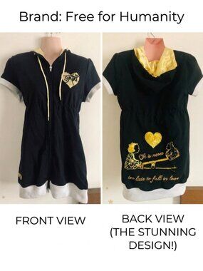 Vintage FREE FOR HUMANITY Zip Hoodie Y2K Black Gold L Sequin Embroidery Heart